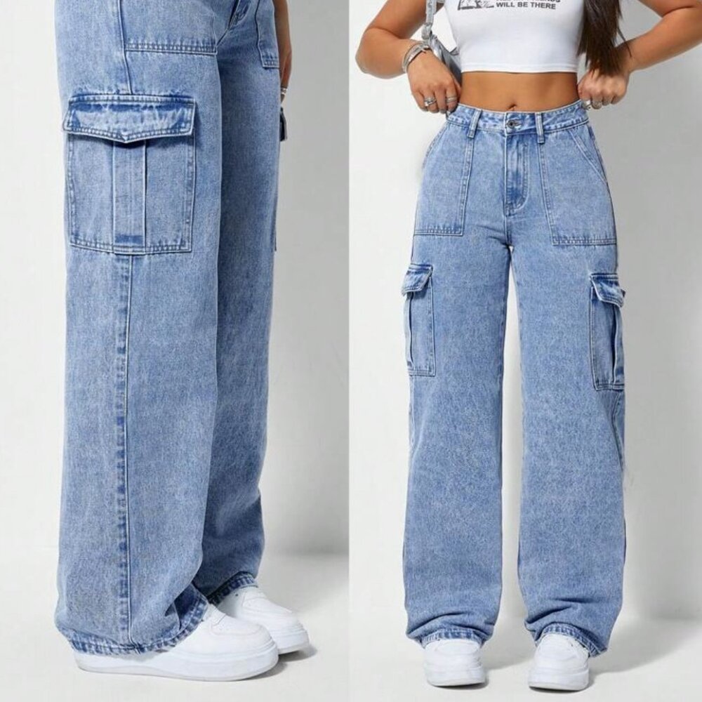 PacSun Lena Light Wash Low Rise Super Baggy Cargo Jeans